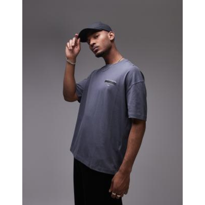 AllSaints Redact oversized embroidered logo T-shirt in pitched blue