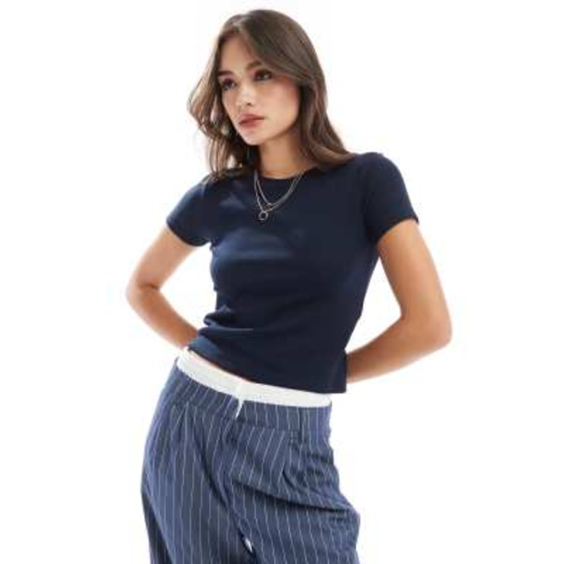 Vero Moda ribbed round neck t-shirt in navy