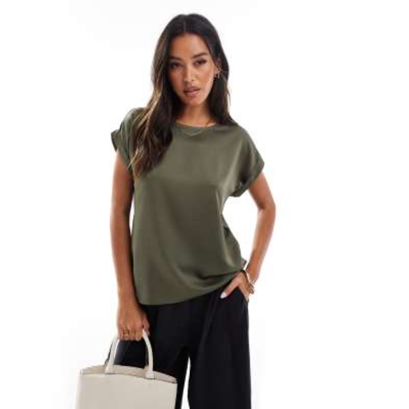 Vila satin front t-shirt with cuffed sleeves in dusty olive