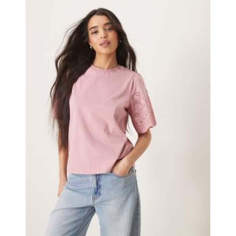 YAS eyelet sleeve t-shirt in lilas pink