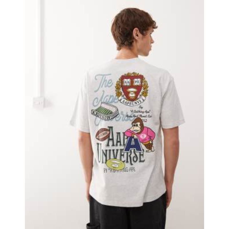 Aape by A Bathing Ape boxy t-shirt in gray with chest and back collegiate print