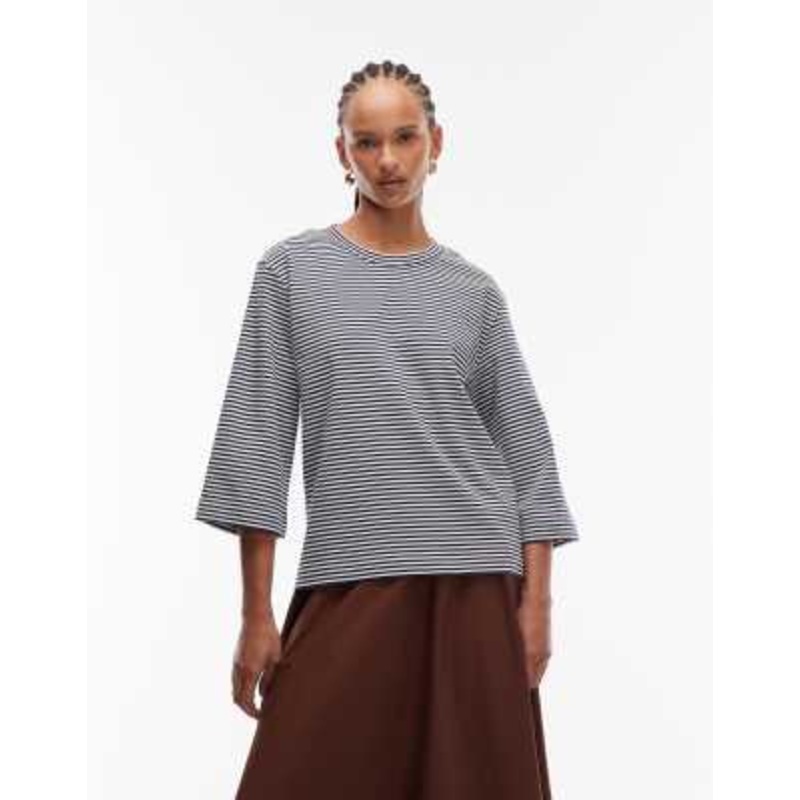 ARKET heavyweight 3/4 sleeve T-shirt in blue and white stripes