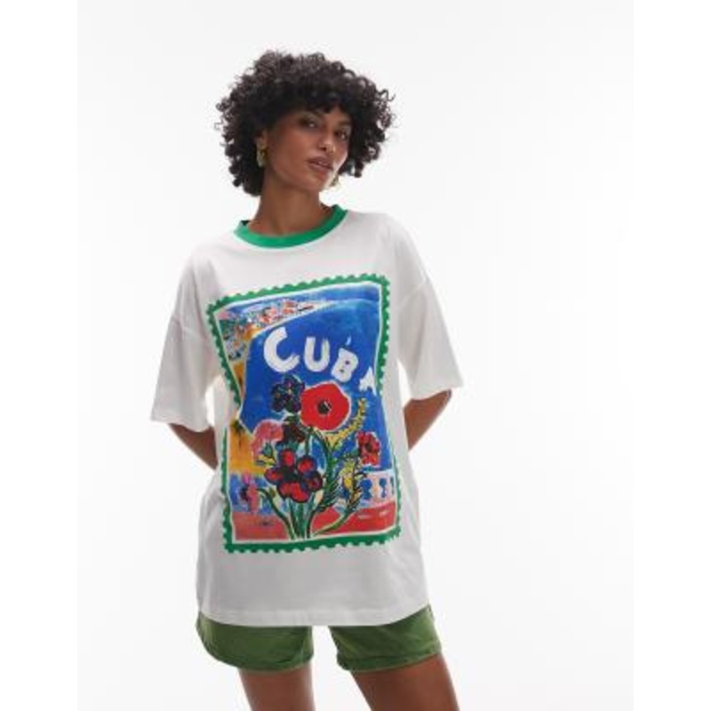 Topshop jersey graphic Cuba T-shirt with contrast ringer in white