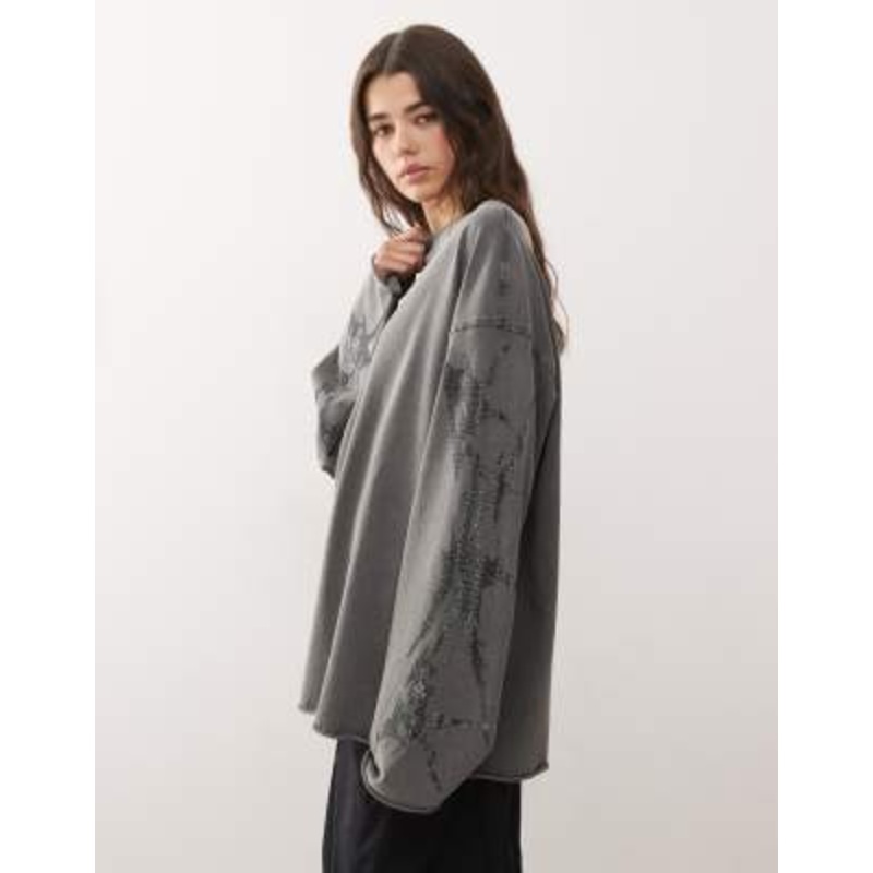 Weekday oversized long sleeve T-shirt with rhinestone sleeve detail in off-black