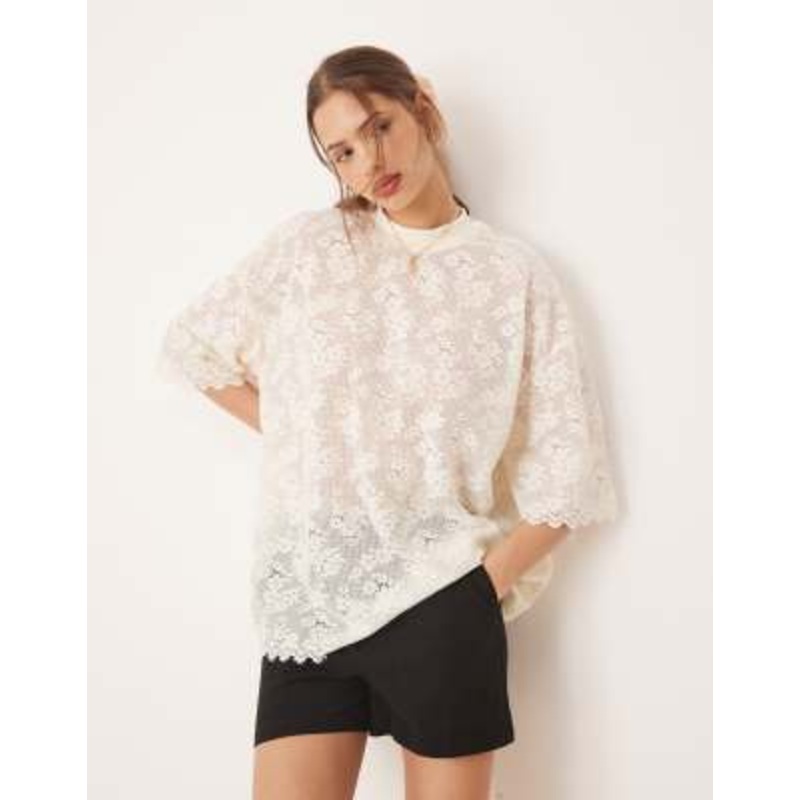 VILA lace oversized boyfriend fit t-shirt in cream