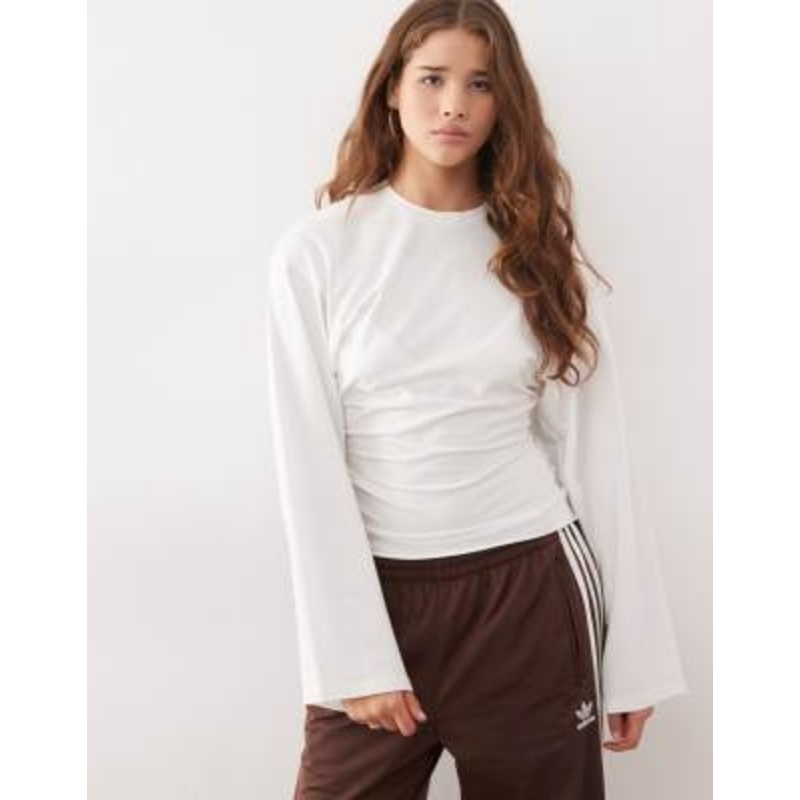 Weekday cinched waist long sleeve T-shirt in white