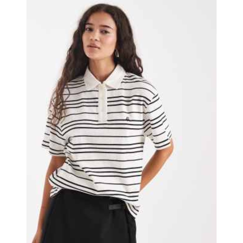 4th & Reckless cotton rugby style embroidered logo t-shirt in cream stripes