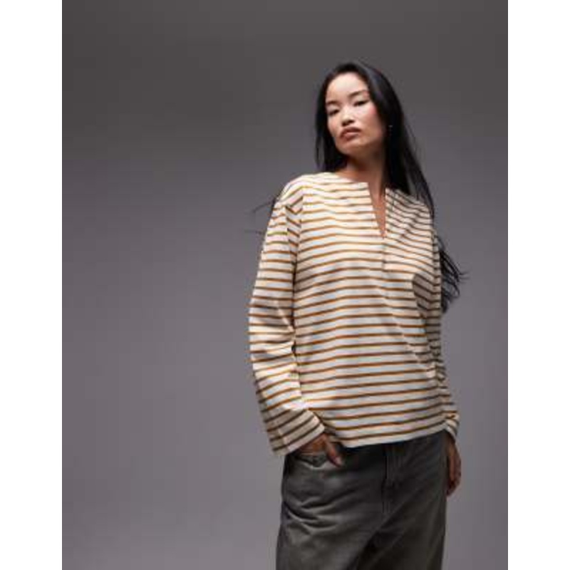 ARKET oversized long sleeve jersey T-shirt with open v neck and side splits in brown and white stripes