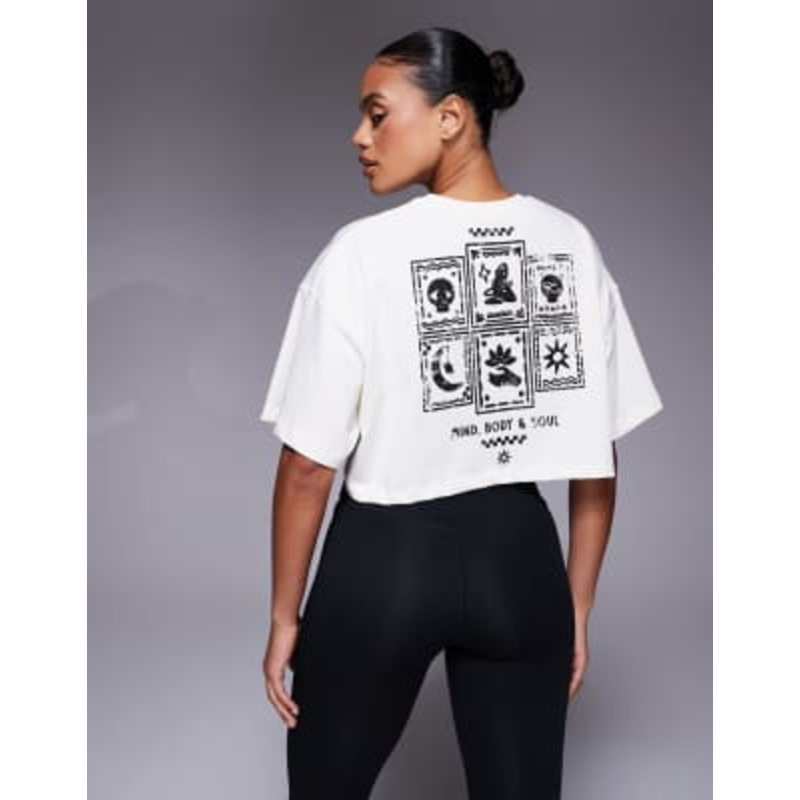 4505 Yoga cropped heavyweight cotton back print t-shirt with quick dry finish in vintage white