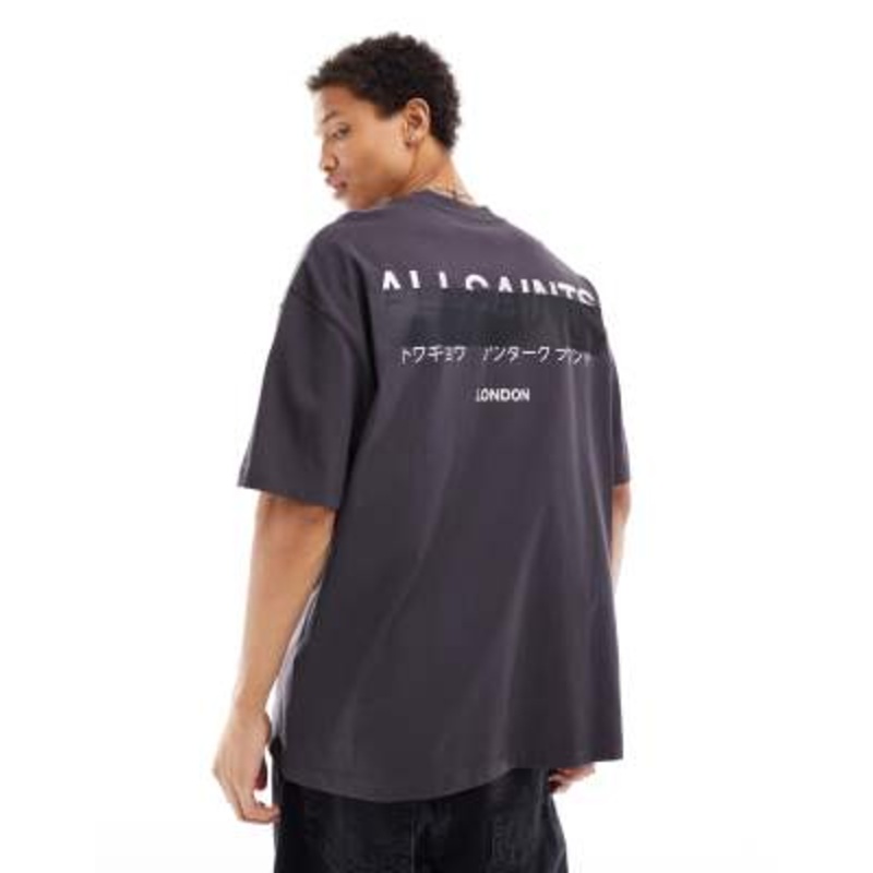 AllSaints Redact oversized embroidered logo T-shirt in washed black