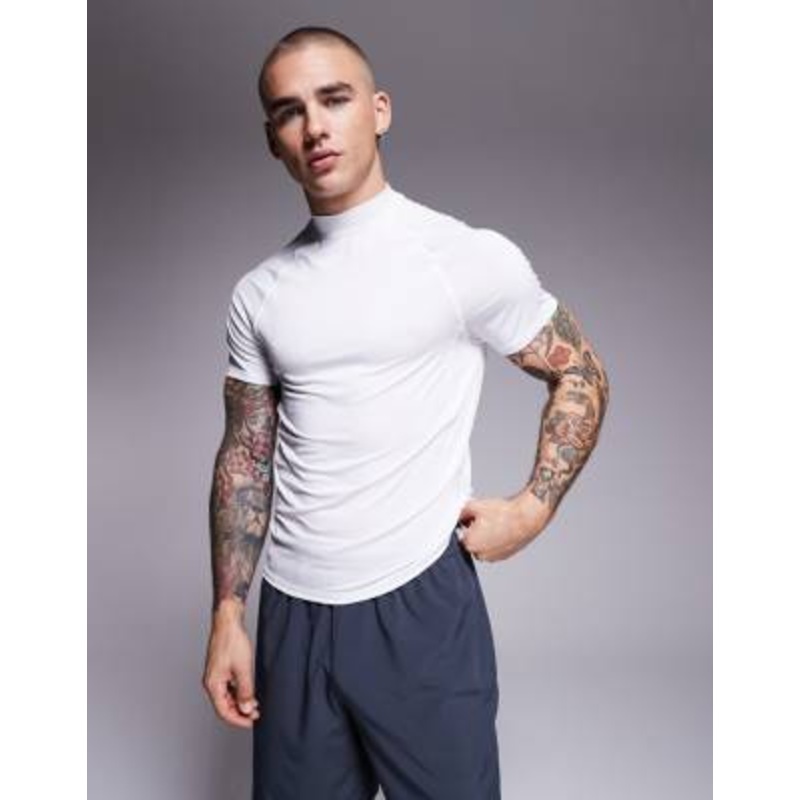 4505 muscle fit seam detail quick dry base layer T-shirt with mock neck in white