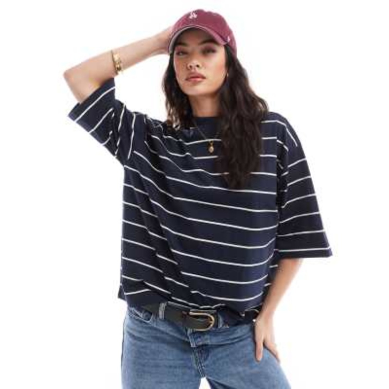 Vero Moda high neck dropped shoulder t-shirt in navy stripe