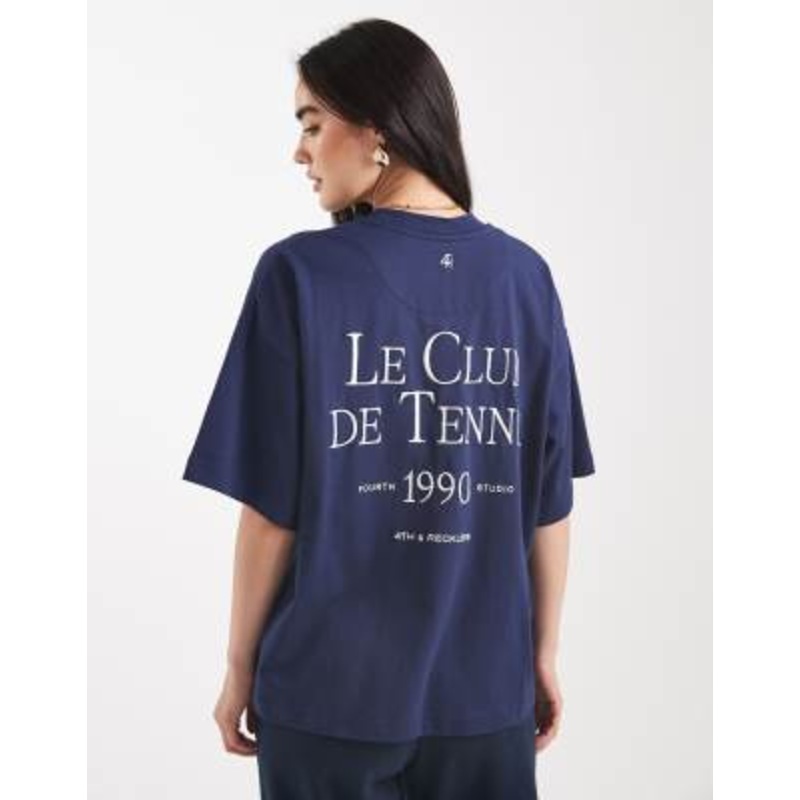 4th & Reckless embroidered tennis club logo oversized T-shirt and sweatpants in navy