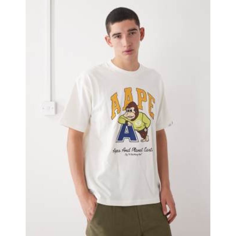 Aape by A Bathing Ape boxy T-shirt in off white with chest collegiate print