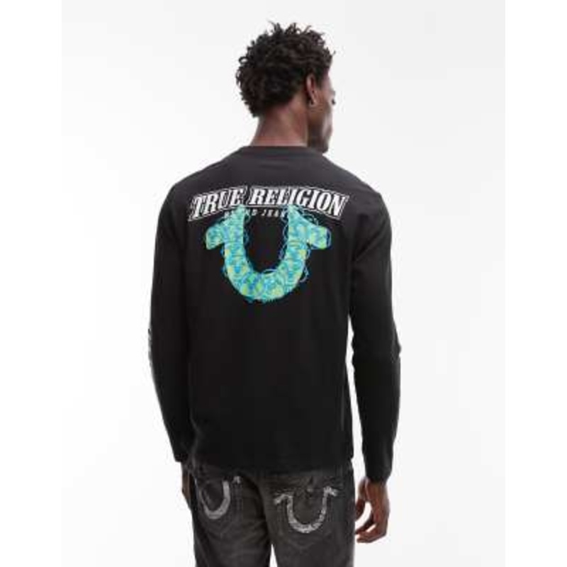True Religion puff print logo back long sleeve T-shirt in black