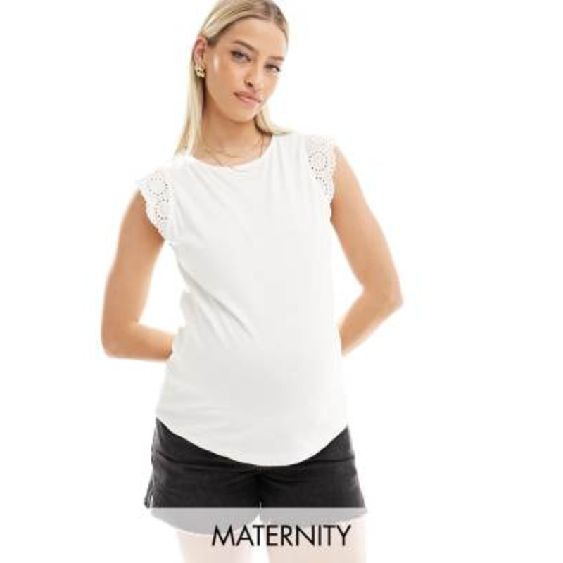 Vero Moda Maternity t-shirt with eyelet sleeve detail in white