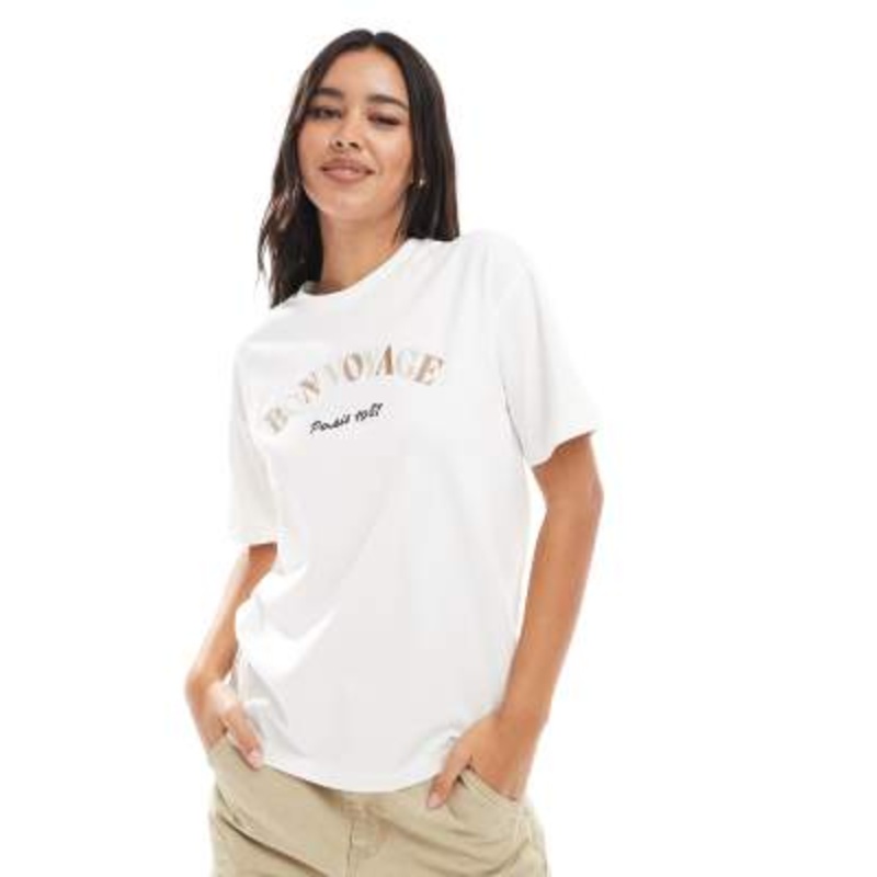 Vero Moda boxy t-shirt with Bon Voyage embroidery in white