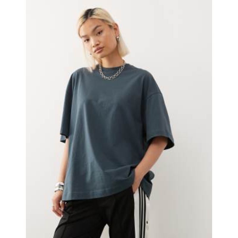 Weekday oversized t-shirt with mock neck in petrol blue