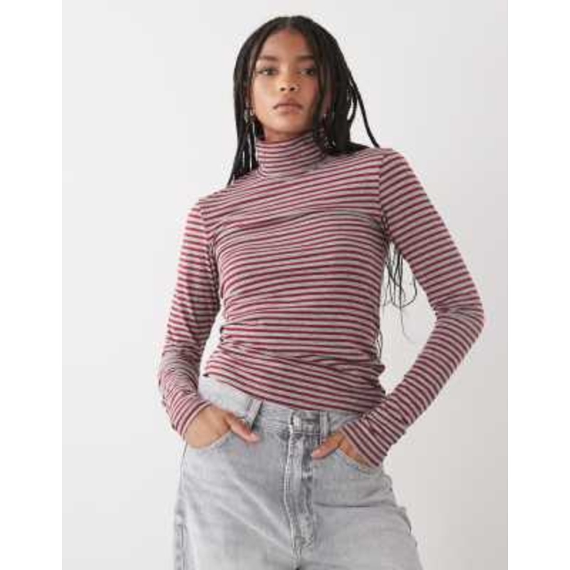Weekday slim fit turtleneck long sleeve T-shirt in red & gray stripe
