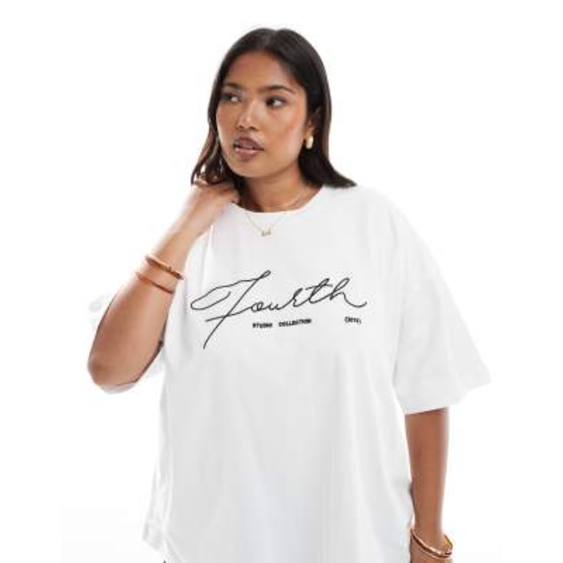 4th & Reckless Plus oversized embroidered logo t-shirt in white