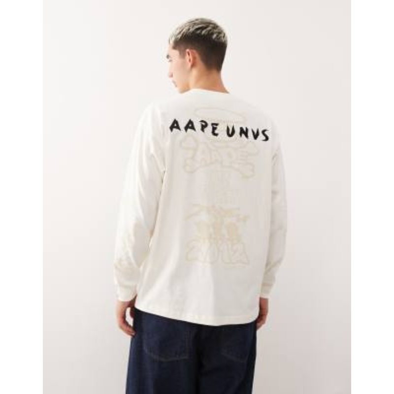Aape by A Bathing Ape boxy long sleeve t-shirt in off white with sleeve and body placement prints