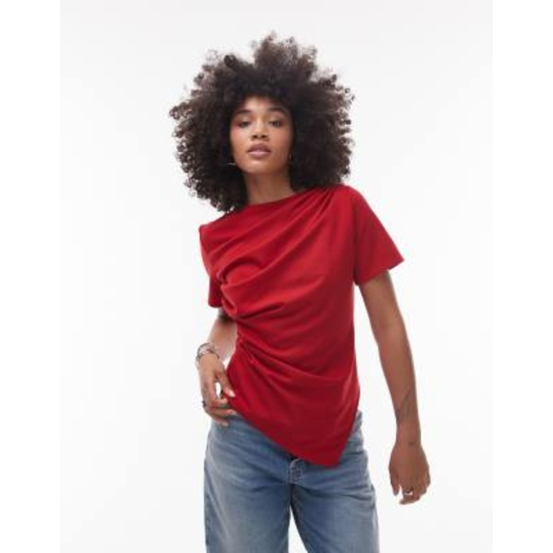 & Other Stories jersey T-shirt with drape front and asymmetric split hem in red