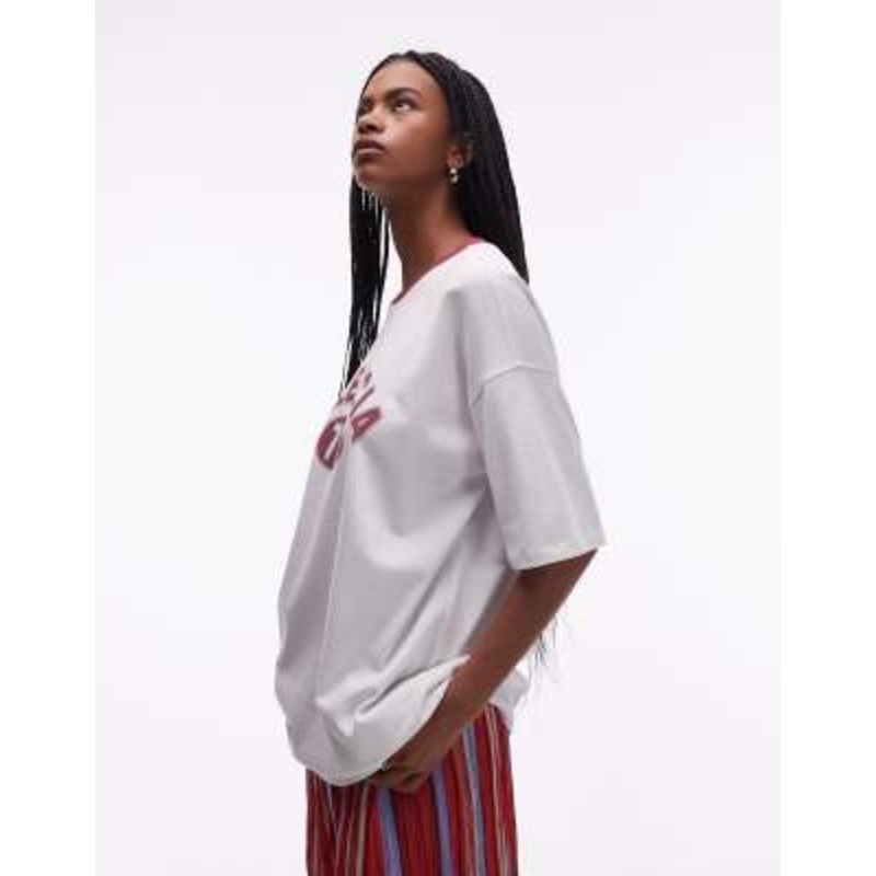 Topshop jersey oversized Valencia sports T-shirt with burgundy ringer in white