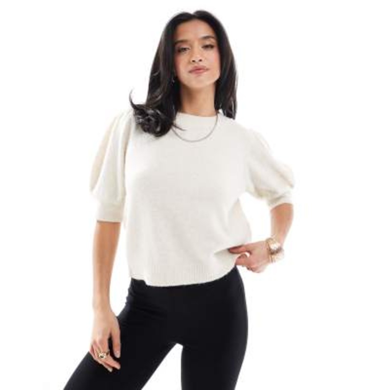 Vero Moda Petite knitted puff sleeve t-shirt in cream
