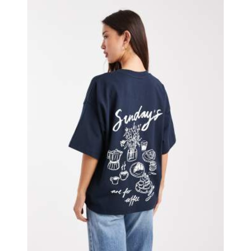 4th & Reckless cotton rich embroidered logo ‘Sunday’ back graphic oversized t-shirt in navy