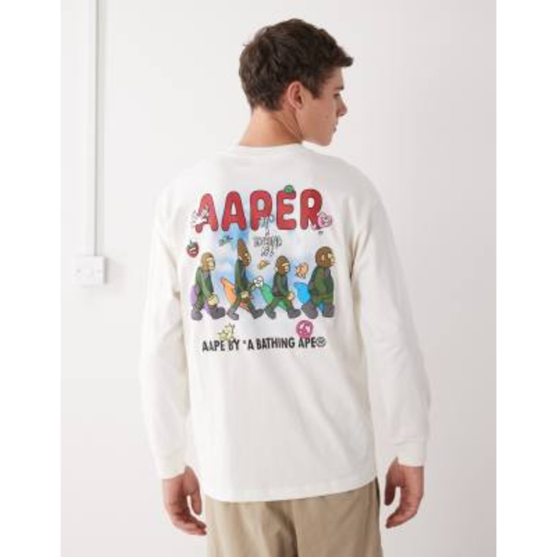 Aape by A Bathing Ape boxy long sleeve T-shirt in off white with walking back print