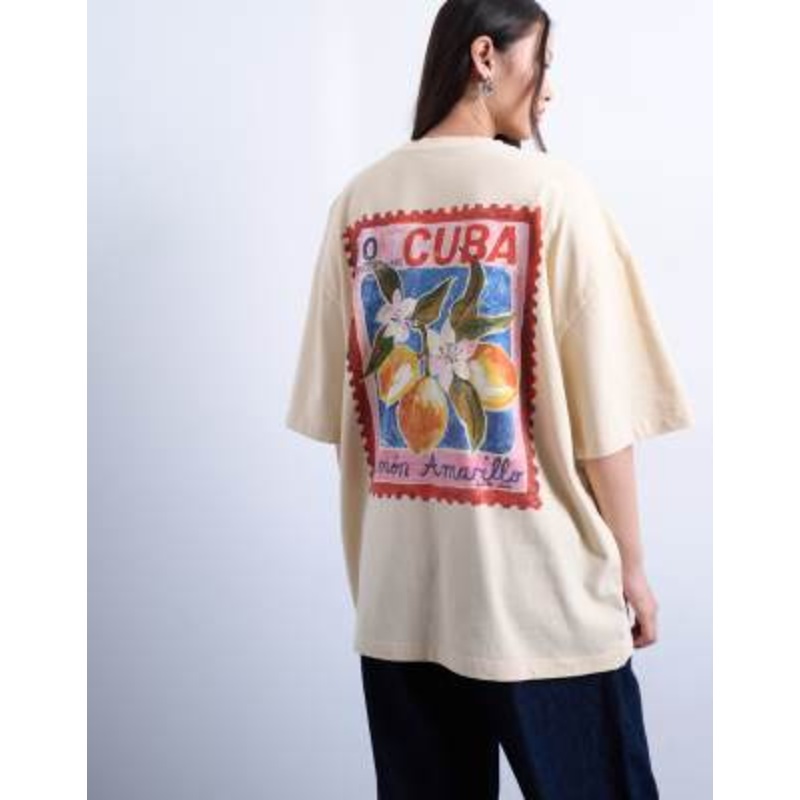 Topshop jersey graphic stamp back print oversized T-shirt in buttermilk