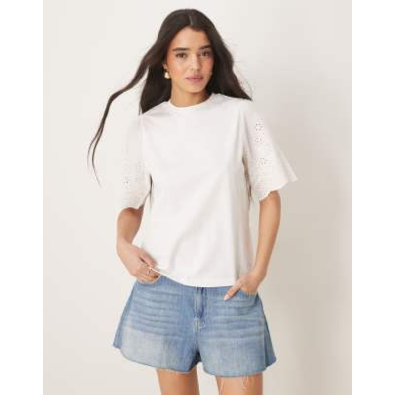 YAS broderie sleeve T-shirt in white