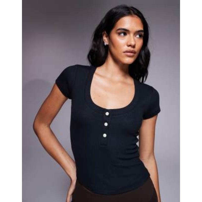 4505 Rest Day ultra soft modal ribbed cropped baby henley T-shirt in black