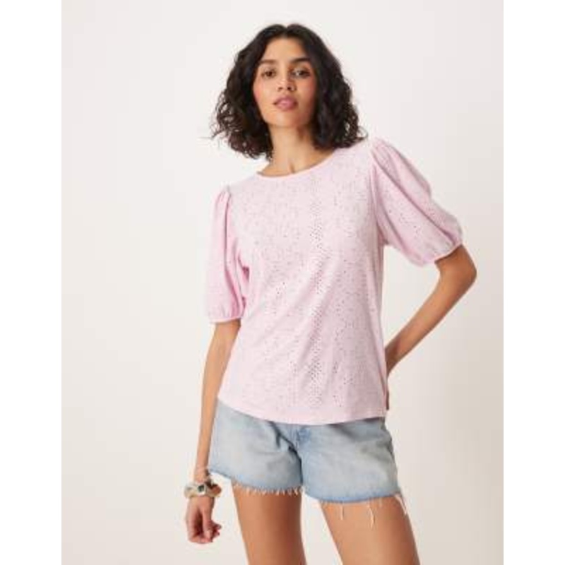 VILA broderie T-shirt with puff sleeve detail in orchid pink
