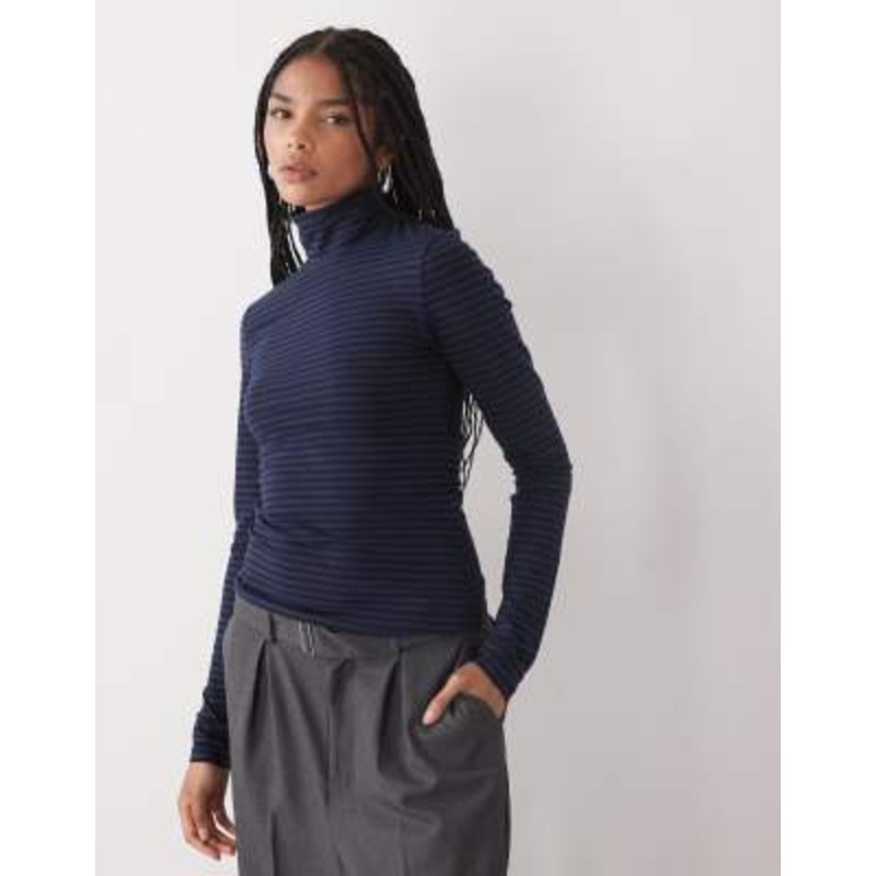 Weekday slim fit turtleneck long sleeve T-shirt in navy & black stripe
