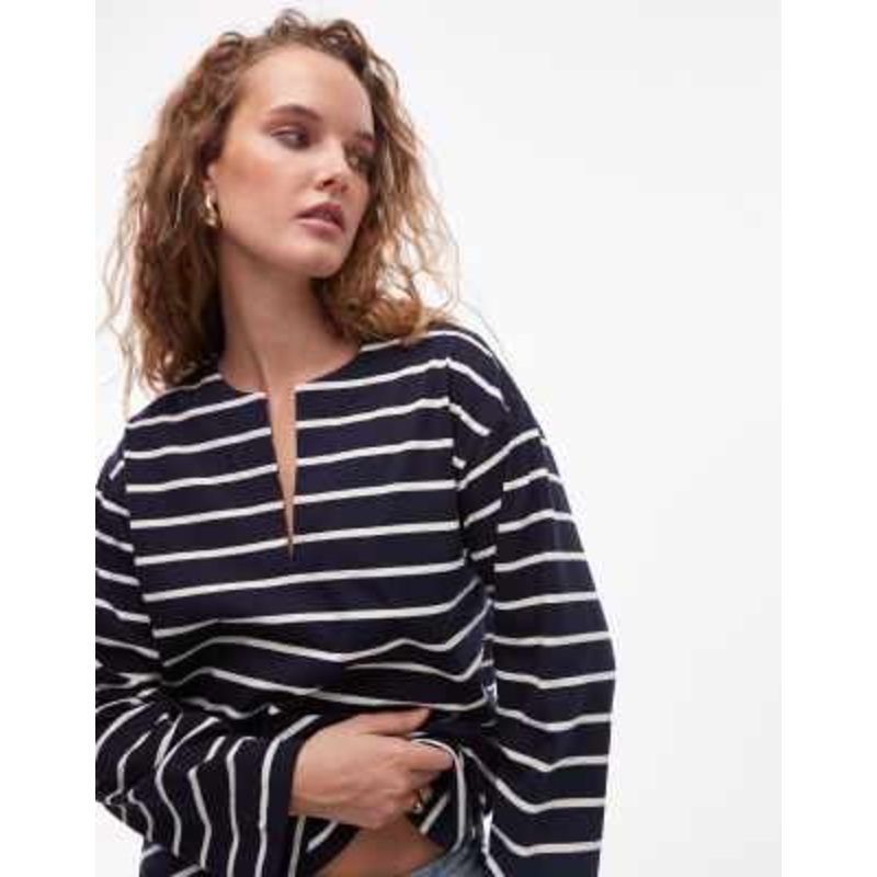 ARKET oversized long sleeve jersey t-shirt with open v neck and side slits in navy and white stripes