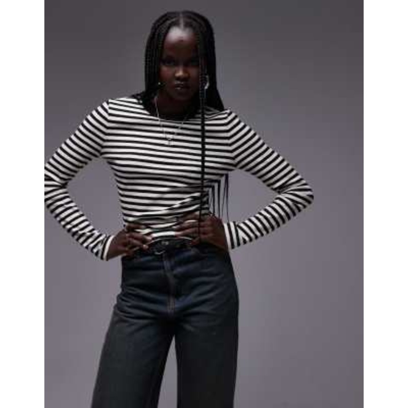 Topshop striped scoop neck long sleeve T-shirt in monochrome