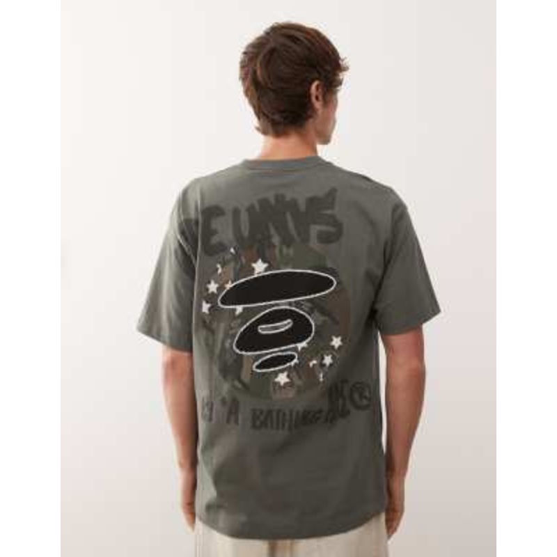 Aape by A Bathing Ape boxy T-shirt in khaki with chest and back placement prints