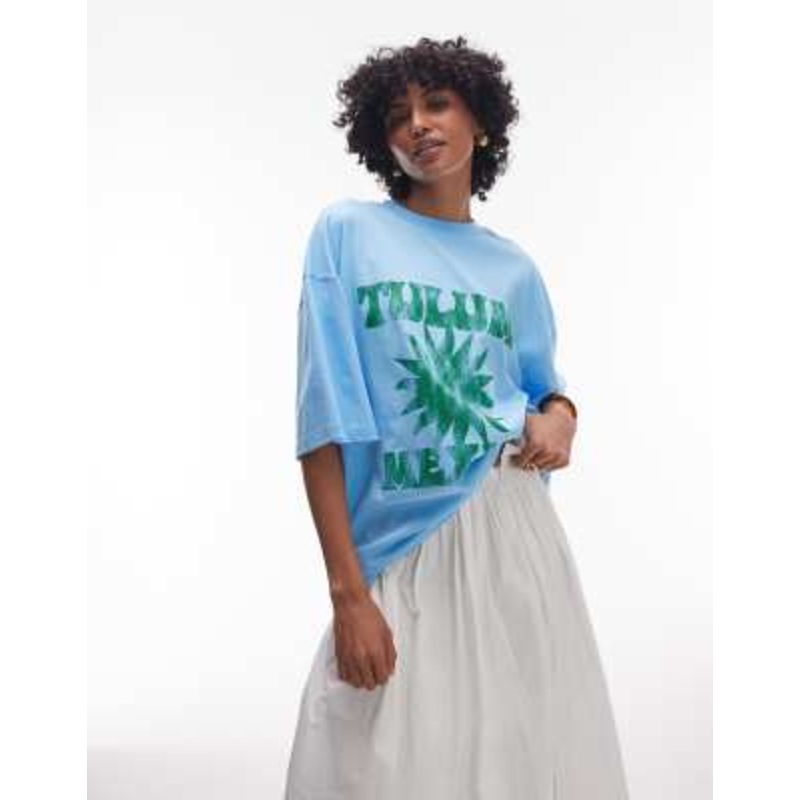Topshop oversized graphic Tulum T-shirt in turquoise
