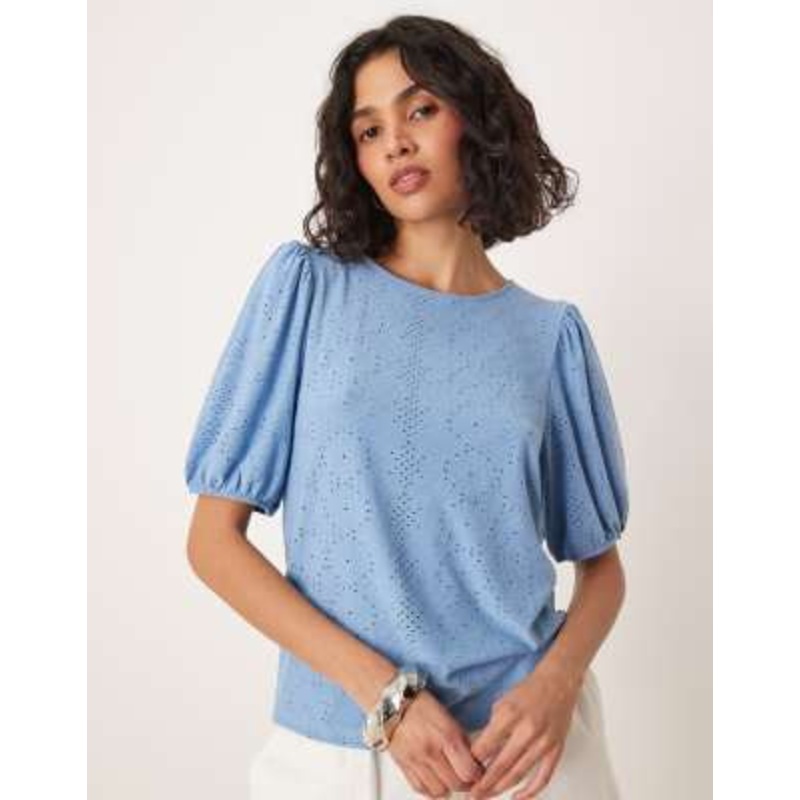 VILA broderie T-shirt with puff sleeve detail in blissful blue