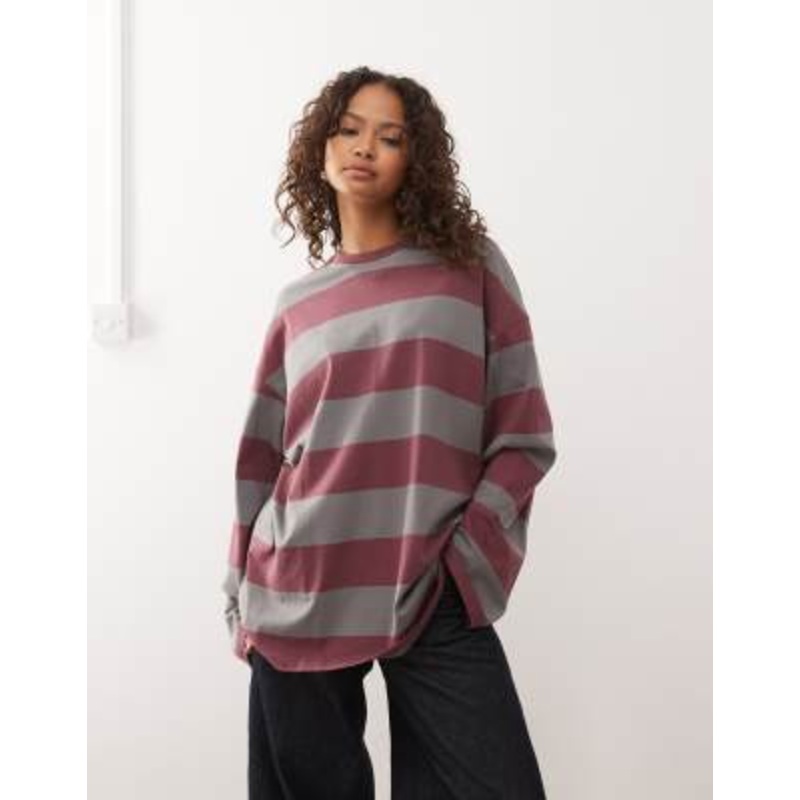 Weekday oversized long sleeve T-shirt in gray & burgundy stripe – Exclusive to