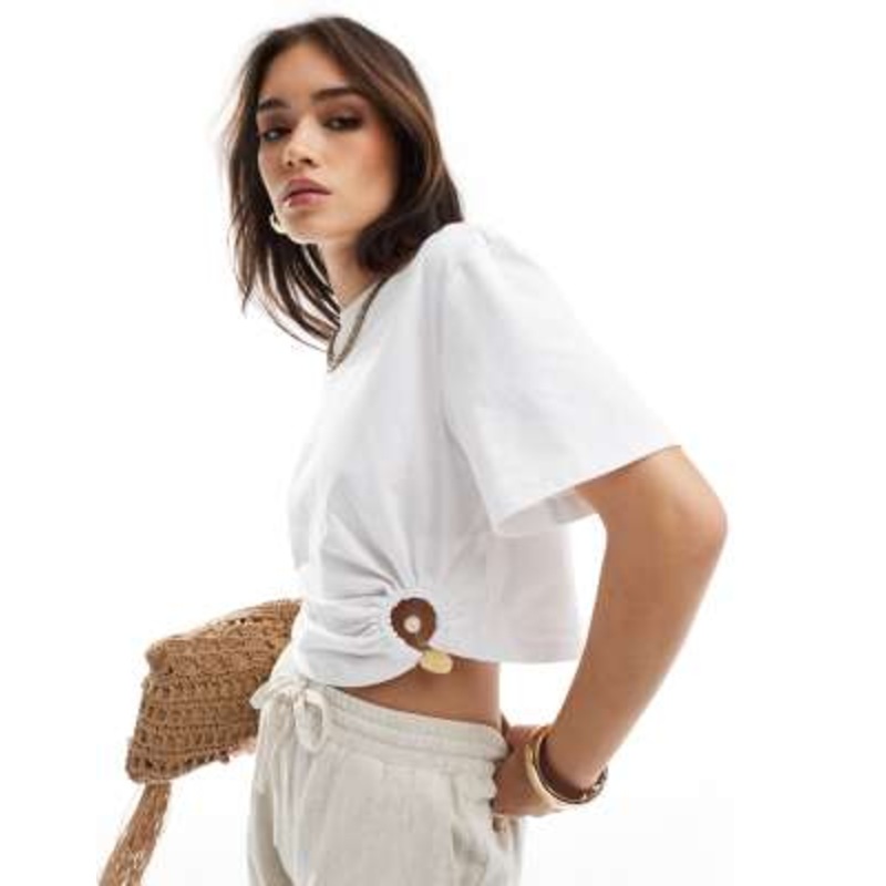 4th & Reckless beaded ring detail cropped T-shirt in white