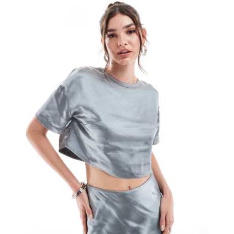 4th & Reckless cropped satin t-shirt in steel gray