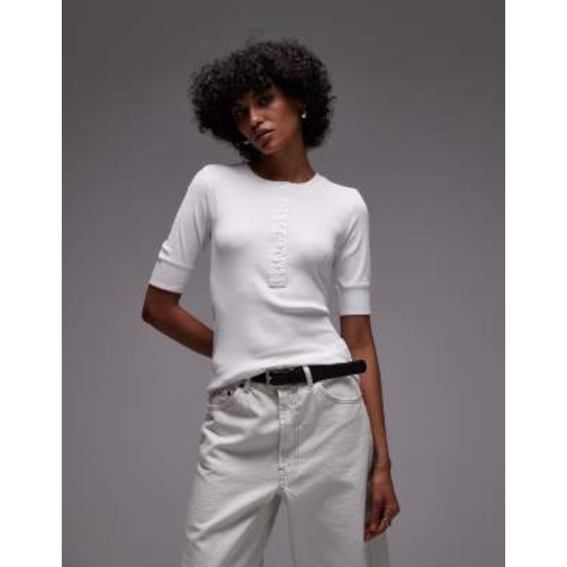 ARKET cotton rich rib half sleeve T-shirt with woven binding in off white