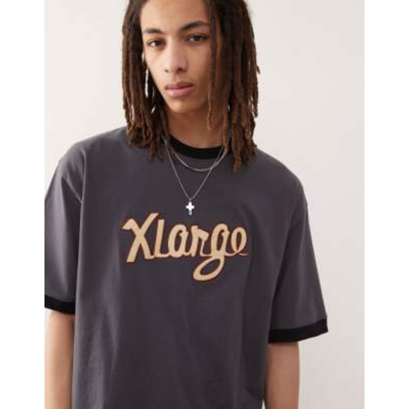 XLARGE t-shirt with retro script logo and contrast trim in dark gray