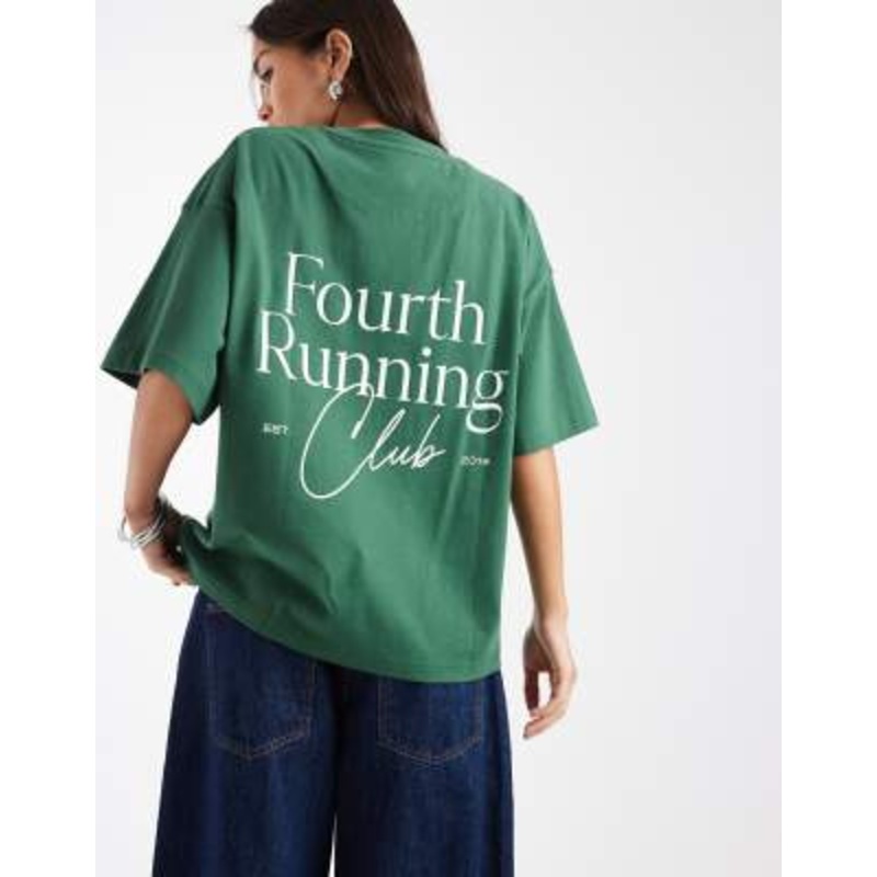 4th & Reckless cotton rich Running Club back graphic oversized T-shirt in forest green