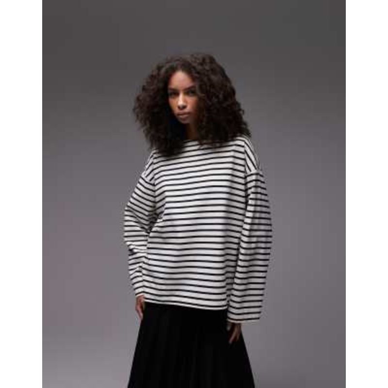 ARKET oversized jersey t-shirt with long sleeves and split hem in blue and white stripes