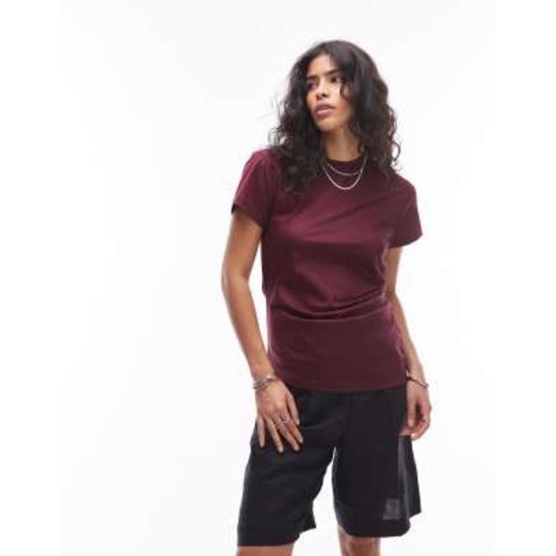 & Other Stories long line jersey T-shirt with asymmetric drape detail in burgundy wine