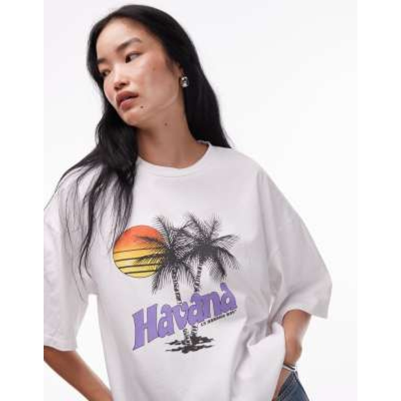 Topshop jersey graphic Havana oversized t-shirt in ecru