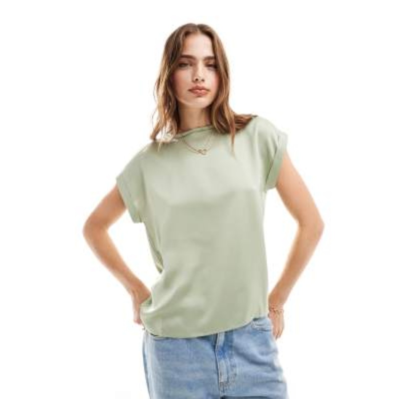 Vila satin front t-shirt with cuffed sleeve in sage green